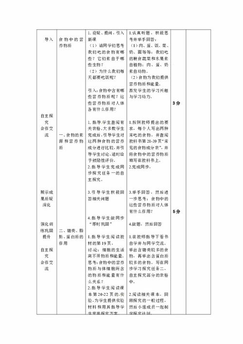 营养全知道，食物中的营养表格教案